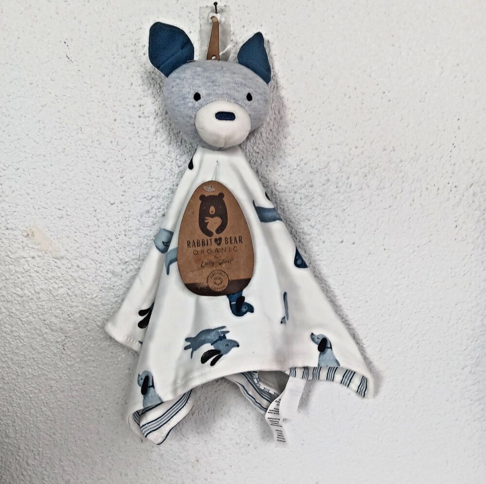 Rabbit + Bear Organic Puppy Dog Blue Lovey Security by Emily & Oliver NWT READ